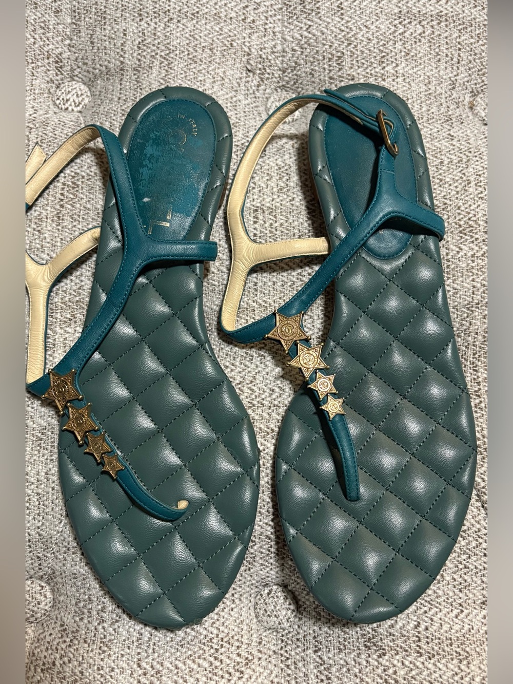 CHANEL Teal Star Charm Quilted T-Strap Thong Sandals with Star Accents